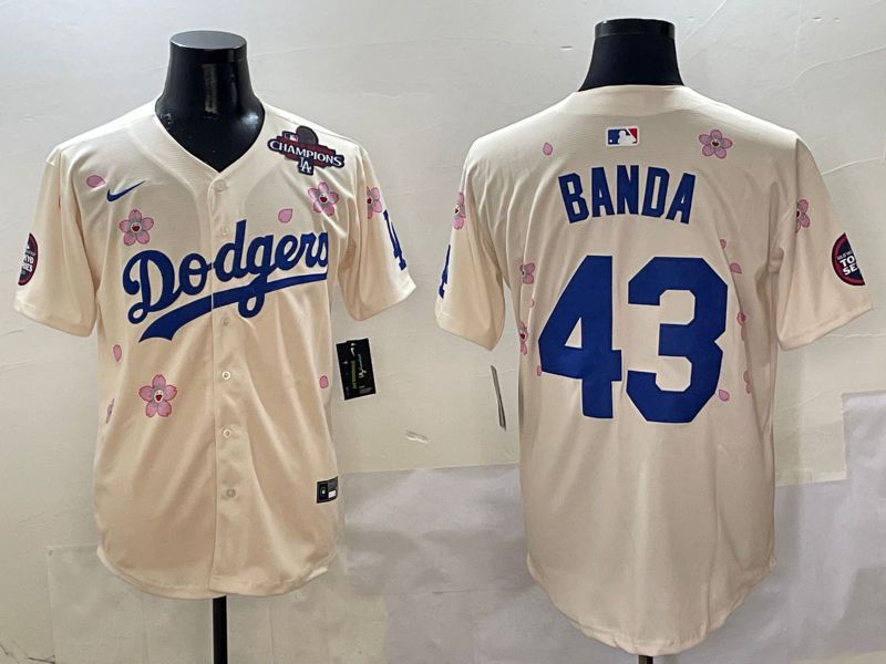 Men Los Angeles Dodgers 43 Banda Cream White Blue Sakura Edition 2025 Nike MLB Jersey style 3